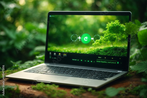 Technology with nature concept. Laptop keyboard with Earth on it