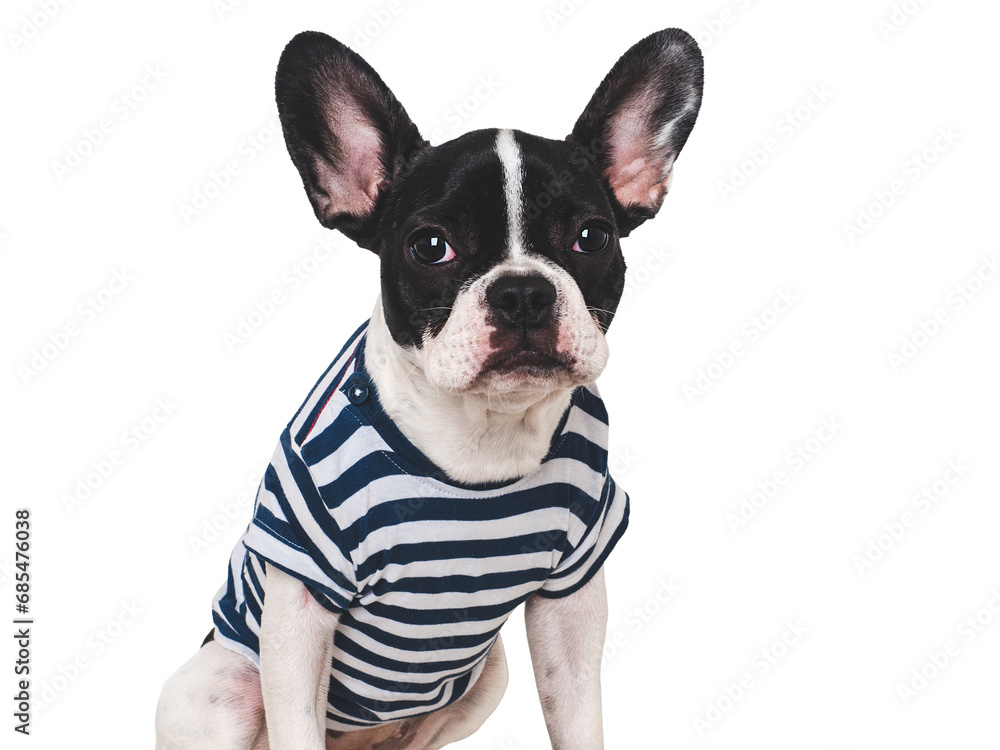 Fototapeta premium Cute puppy and stylish T-shirt. Isolated background. Closeup, indoors. Studio shot. Day light. Beauty and fashion. Concept of care, education, training and raising pets
