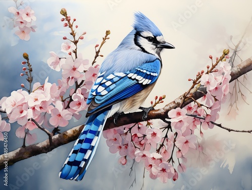 Blue jay bird on flower stalk watercolor painting for wall art background wallpaper © fledermausstudio