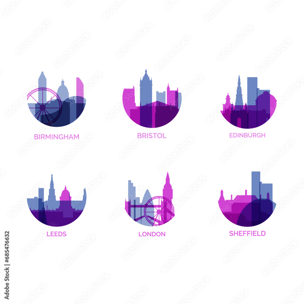 Naklejka premium United Kingdom cities logo and icon set. Vector graphic collection for UK Birmingham, Bristol, Edinburgh, Leeds, London, Sheffield
