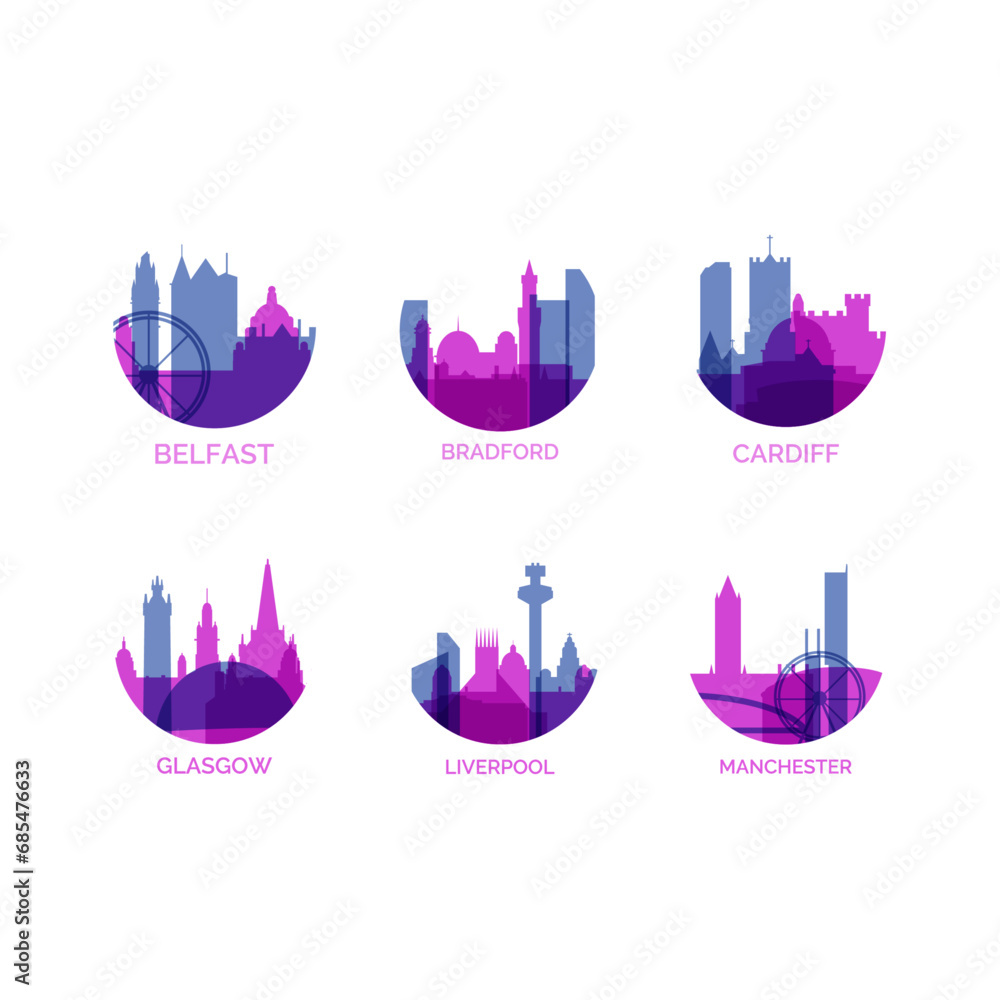 Naklejka premium United Kingdom cities logo and icon set. Vector graphic collection for UK Belfast, Bradford, Cardiff, Glasgow, Liverpool, Manchester