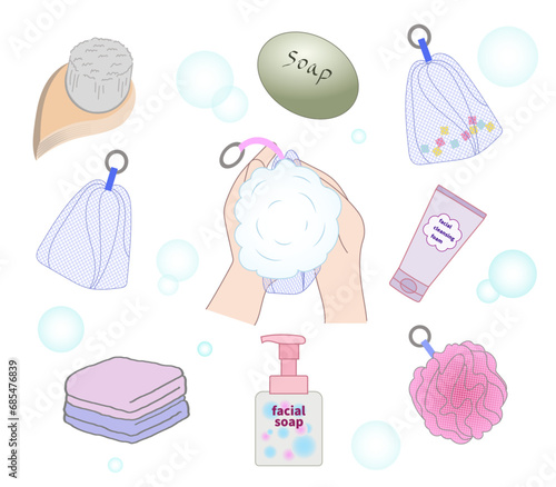 洗顔ネットやフォーム　用品一式のイラスト