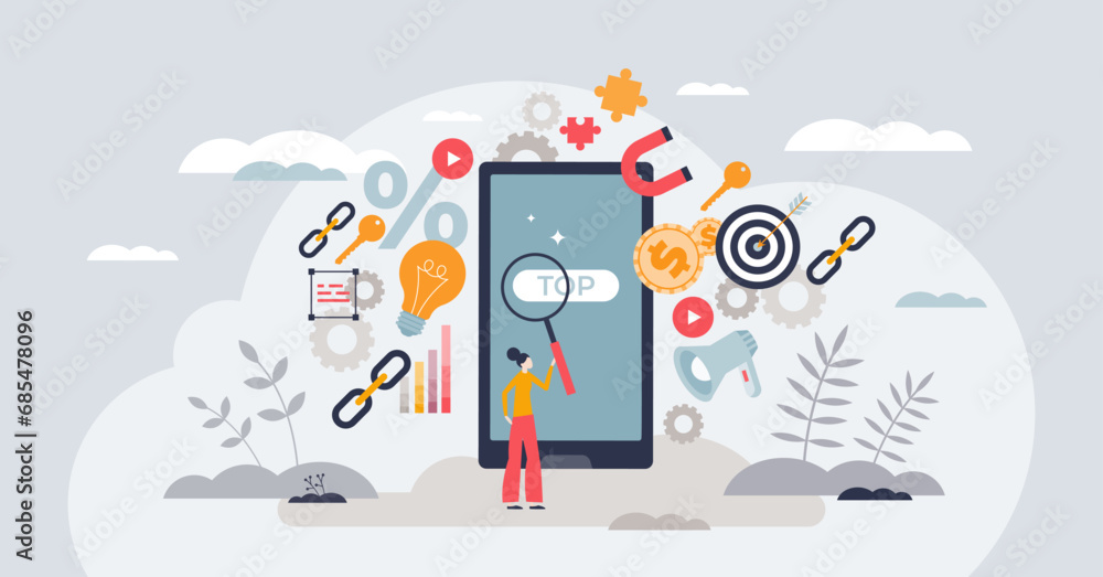 SEO and mobile optimization for marketing efficiency tiny person concept. Business page search engine analytics with top keywords and sales data research vector illustration. Ads performance boost.