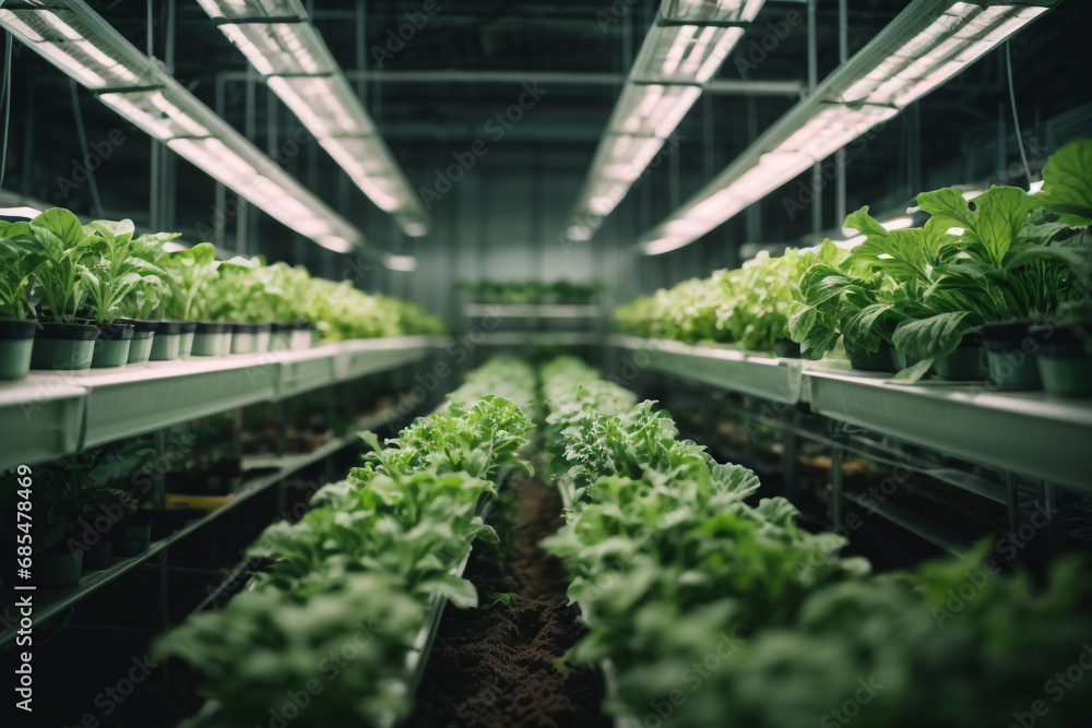 Research in organic, hydroponic vegetables plots growing on indoor vertical farm
