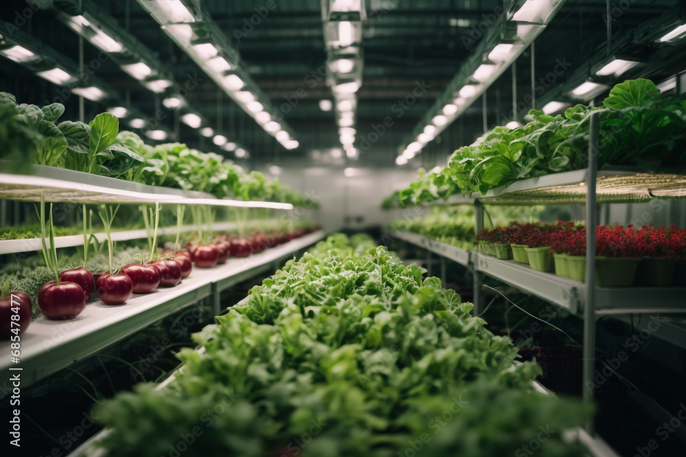 Research in organic, hydroponic vegetables plots growing on indoor vertical farm