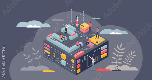 Tech innovation journey and digital systems development tiny person concept. Information technology work with modern computing hardware vector illustration. Innovative circuit components business.