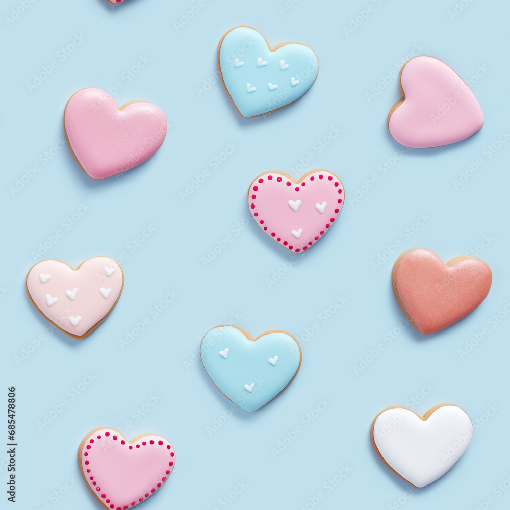 Printable seamless pattern of glazed heart shaped sweet cookies on pastel blue background. Print, poster, banner, textile design, suitable for Valentine's day or bakery. Flat lay Printable seamless pattern of glazed heart shaped sweet cookies on pastel blue background. Print, poster, banner, textile design, suitable for Valentine's day or bakery. Flat lay