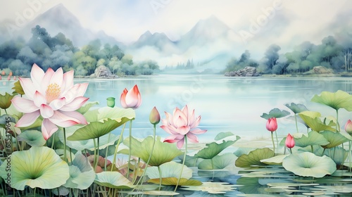 lotus flower on a lake with mountain landscape watercolor painting photo