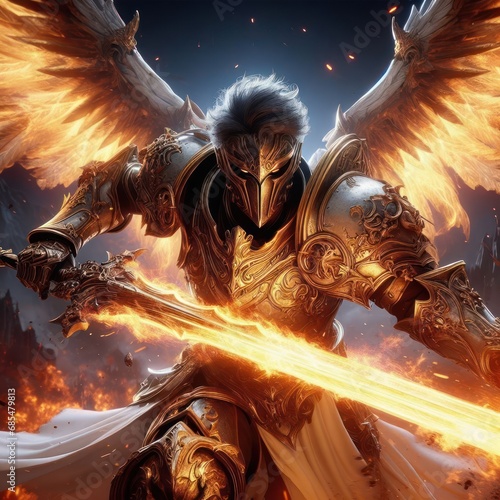 closeup of an angelic golden paladin knight or archangel with flaming sword doing battle © clearviewstock