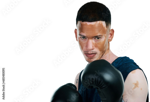 Man, portrait and boxer for fight, self defense or sports training isolated on a transparent PNG background. Face of male person, boxing or fighter with skin pigmentation and gloves in sport