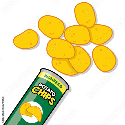 A bunch of potato chips spilled out of the can vector illustration. Crispy snack