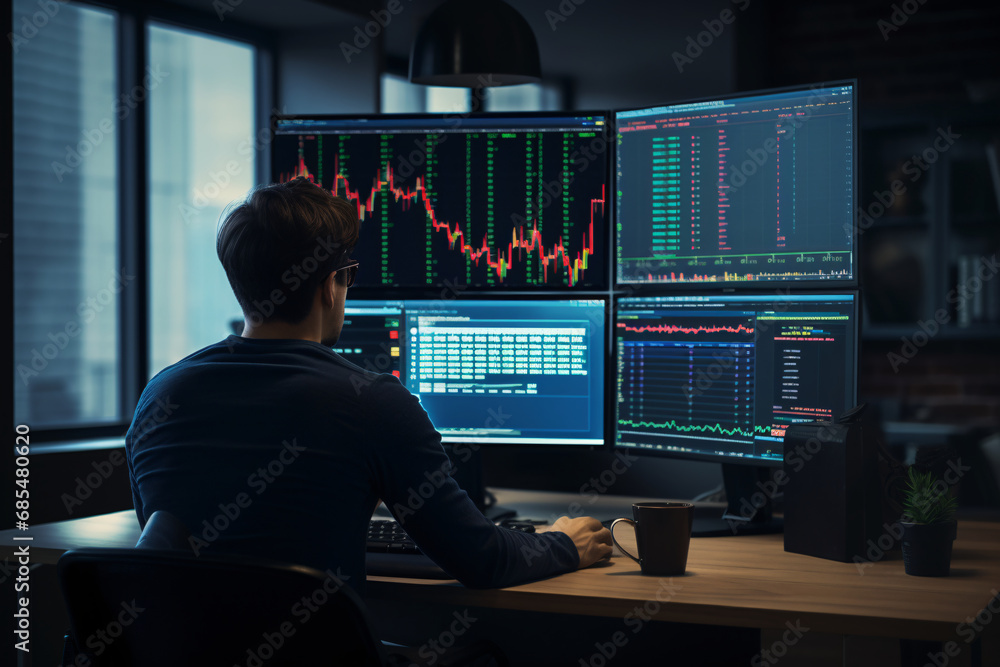 A businessman looking at different computer screens with stock charts and analyzing data A businessman looking at different computer screens with stock charts and analyzing data