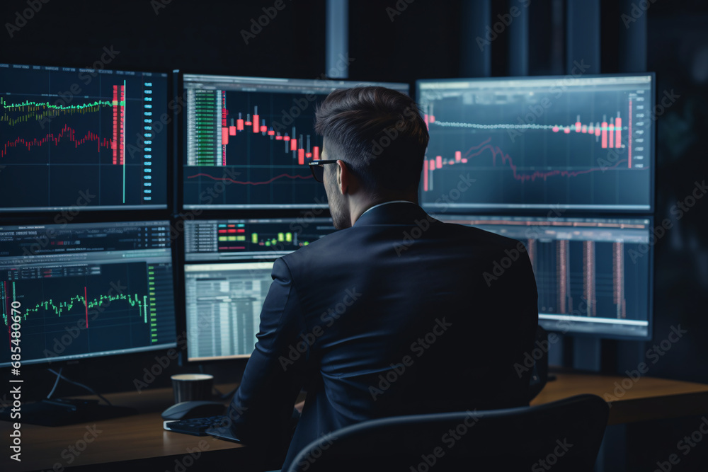 A businessman looking at different computer screens with stock charts and analyzing data