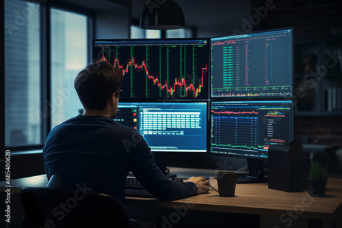 A businessman looking at different computer screens with stock charts and analyzing data