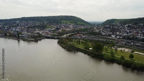 Aerial cityscape of Bingen am Rhein with train on Nahe railway Bridge, Germany photo