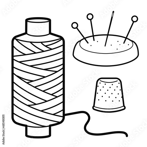 Spool of thread, thimble and needle holder. Isolated outline Illustration on white background.