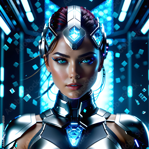 Terrifying universe, broken glass, artistically beautiful film with mythical aura, stopped movement, highly detailed and breathtaking in 8K resolution. Flawless-faced cyborg girl in clear focus.(Gener