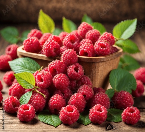 Ripe raspberries with leaves in a wooden bowl. Selective focus.
