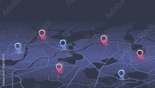 Multiple destinations. Gps tracking map. Track navigation pins on street maps, navigate mapping technology and locate position pin. Futuristic travel gps map or location navigator vector illustration
