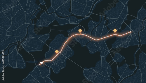Gps tracking map. Abstract location tracks dashboard. Track navigation pins on street maps, navigate mapping, locate position pin. Futuristic travel map or location navigator vector