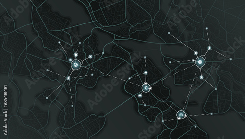 Gps tracking map. Abstract location tracks dashboard. Track navigation pins on street maps, navigate mapping, locate position pin. Futuristic travel map or location navigator vector