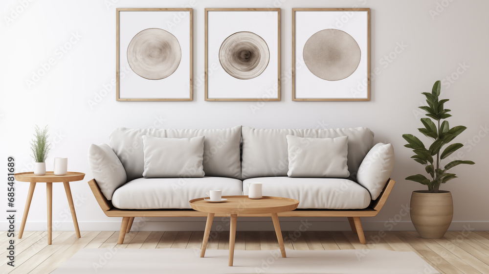 Round wooden coffee table near white sofa against of white wall with three art frames. Scandinavian style - obrazy, fototapety, plakaty 