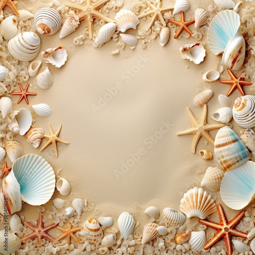 sea shells on sand with frame shape
