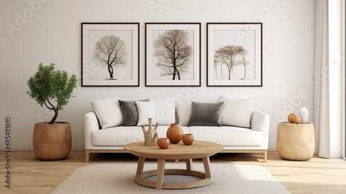 Round wooden coffee table near white sofa against of white wall with three art frames. Scandinavian style photo