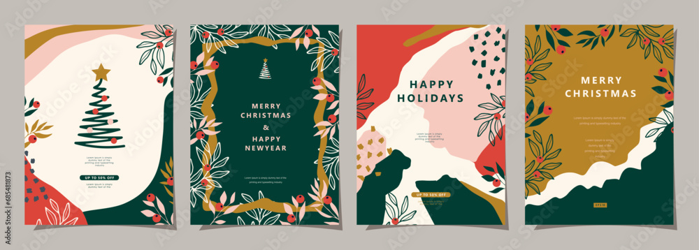 Naklejka premium Set of Merry Christmas and Happy New Year background. Greeting and invitation card, web banner, holiday cover, flyer, poster design templates. Modern flat vector illustration.