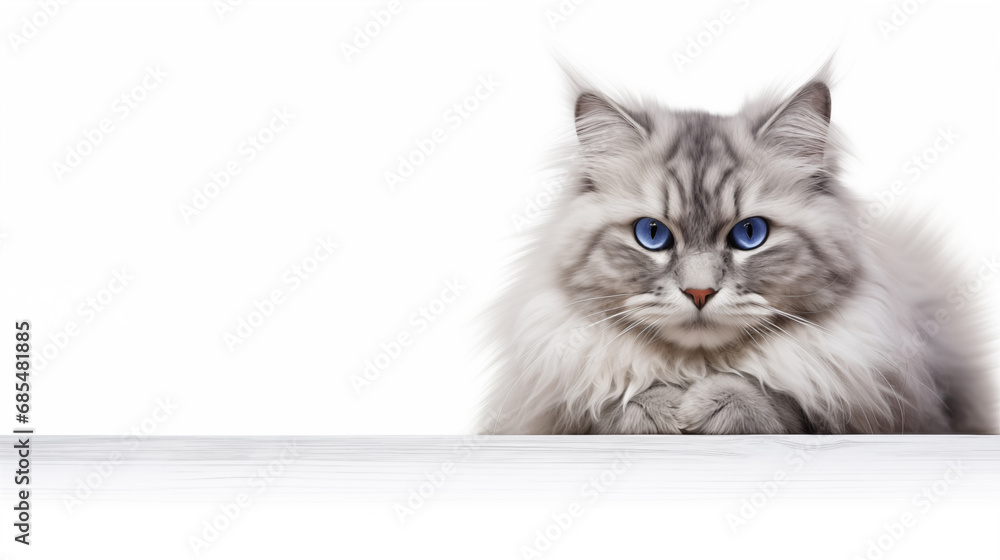 image of a fluffy cat with bright eyes against a white background. 