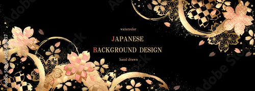 金箔をあしらった和柄と桜の和風背景 1/ベクター,イラスト