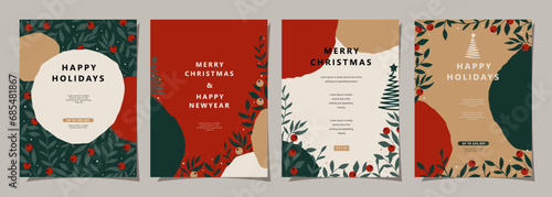 Set of Merry Christmas and Happy New Year background. Greeting and invitation card, web banner, holiday cover, flyer, poster design templates. Modern flat vector illustration.