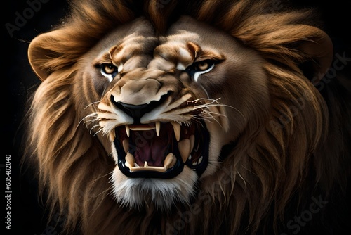 an angry lion with on open mouth expression of anger portrait of a big male lion with open mouth on a dark background generative al technology -