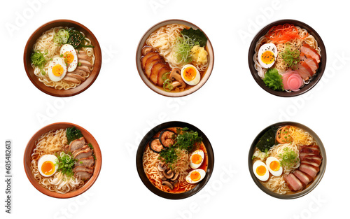 Collection set top view of Japanese ramen noodle soup isolated on a transparent background