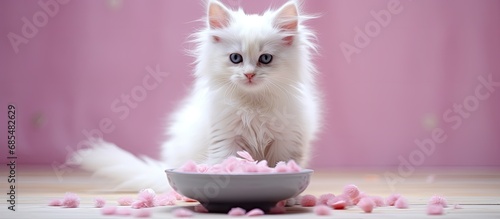 Tiny Turkish Angora cat near food bowl. Kitten's meal. photo