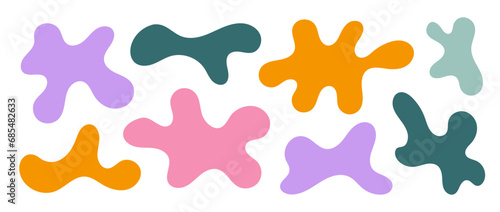 Abstract organic shapes collection. Irregular liquid forms set. Curved amoeba blobs, blotches, drops or stains bundle. Different design elements for label, sticker, banner, tag, collage. Vector pack
