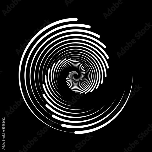 Spiral lines element. Radial spinning stripes texture. Circle swirl shape. Abstract geometric background design for poster, banner, logo, icon, collage, tattoo, sticker, tag, emblem. Vector