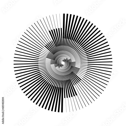 Radial abstract pattern. Black and white ray and beam lines shape. Circle spiral form. Sunburst design element for icon, badge, logo, tattoo, tag, label, emblem, poster. Vector illustration 