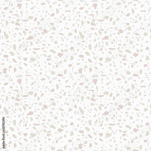 Beautiful terrazzo seamless pattern vector. Abstract background. Pastel green brown and grey color flake stone on white background. Italian style. Design for fabric, interior, ceramic, floor, tile.