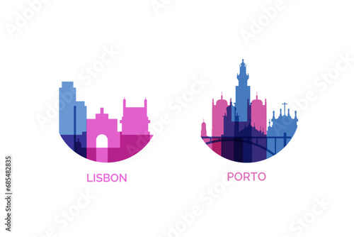 Portugal biggest cities logo and icon set. Vector graphic collection for Lisbon, Porto