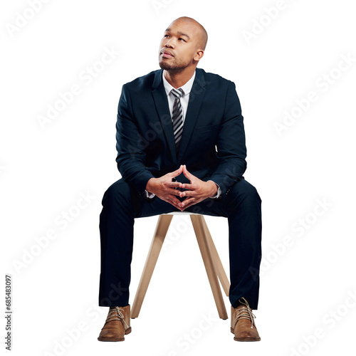 Business, man and thinking on chair of decision, problem solving and brainstorming isolated on transparent png background. Corporate worker, choice or planning solution to insight, ideas or questions photo