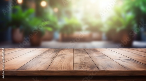 Empty wooden table with conference room background, copy space, 16:9