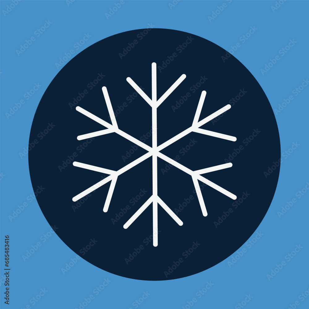 Single snowflake icon, flat snow icon flat style. Snowflake vector icon. White snow flake on blue background. Single snowflake icon, flat snow icon flat style. Snowflake vector icon. White snow flake on blue background.