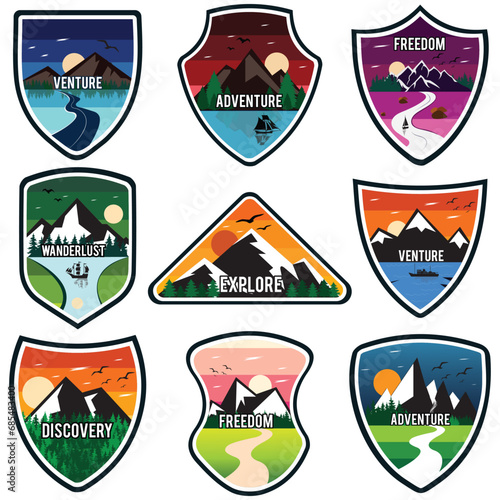 Mountain tourism and rock climbing vector icons set. Rocks top and snowy peaks travel emblems, steep rocky hills and crests nature landscape. Outdoor explore, extreme sport and adventure expedition