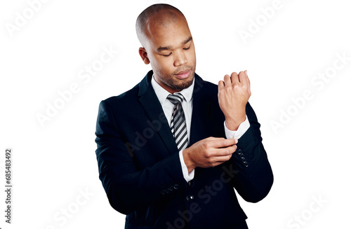 Fashion, suit and business man with sleeve check on isolated, transparent or png background. Corporate, style and African entrepreneur getting ready with professional, formal or outfit cuff choice