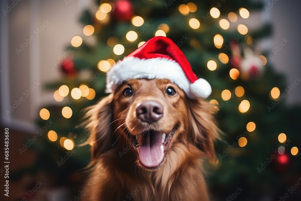 dog santa hat, christmas tree blurred 