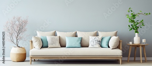 Stylish, beige sofa with wooden legs and vibrant pillows in chic living room © AkuAku