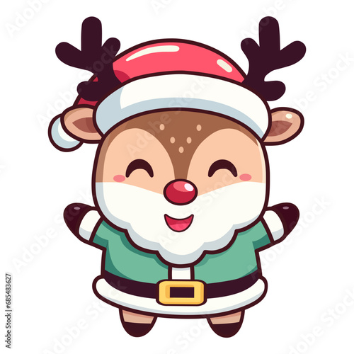 cute big head reindeer in green Santa Claus costume with red hat cartoon character vector illustration. flat design.