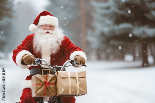 happines santa claus riding bicycle bought big bag gift boxes.winter snowfall © mariyana_117