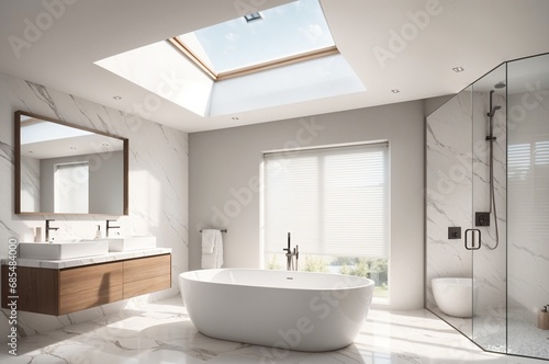 modern and luxurious bathroom with freestanding bathtub  skylight  and countryside view